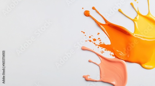 Bright orange, peach, and yellow paint splashes create vibrant and artistic display on clean white background, evoking creativity and energy