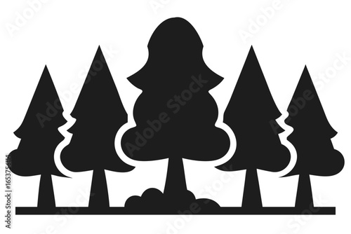Black silhouette of five stylized trees with rounded tops and trunks forest nature