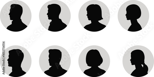 Silhouettes of diverse human side profiles in oval frames, various hairstyles, identification icons, portrait art, vintage style, head and shoulders