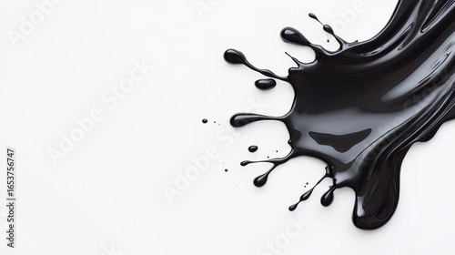 Splash of black paint creates striking visual on white background, showcasing fluidity and texture of ink. contrast evokes sense of creativity and artistic expression