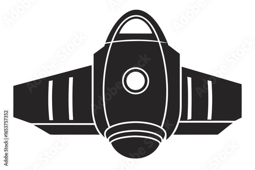 Dark gray outline of a futuristic jetpack with wings and a central engine flying personal transport