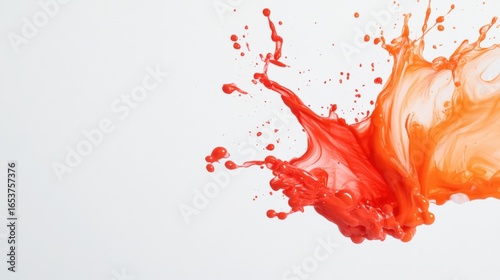 Vibrant splash of red and orange paint creates dynamic and energetic visual effect against clean white background, evoking creativity and excitement