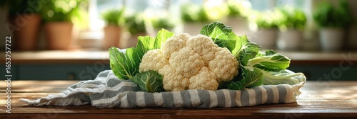 Fresh cauliflower head rests on a striped kitchen towel on a wooden table, with blurred greenery and a window in the background
