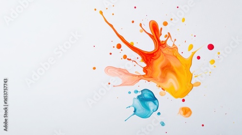 Colorful paint splashes create vibrant and dynamic composition, showcasing shades of orange, blue, and yellow. energetic movement evokes creativity and artistic expression