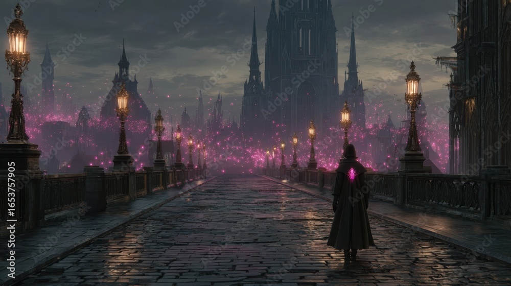 Obraz premium Mysterious cloaked figure walks down a rainy cobblestone street lined with gas lamps