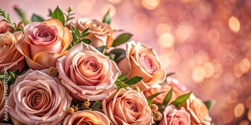 Pink rose gold flowers bloom across this panoramic wallpaper, a luxurious floral photography design.