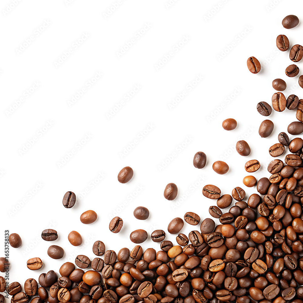 Obraz premium Scattered roasted coffee beans arranged on a white background