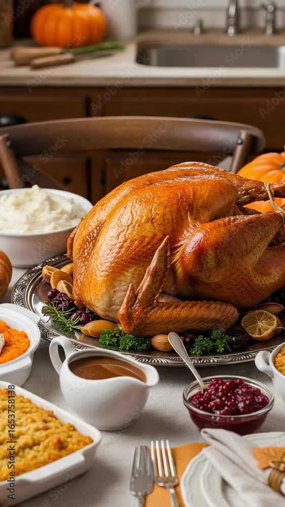 Traditional Thanksgiving Dinner with Roasted Turkey and Side Dishes ...