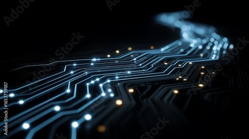 Futuristic Cyber Monday abstract background with glowing blue neon circuits, digital data stream flowing through high tech network, empty space for text, modern technology design.