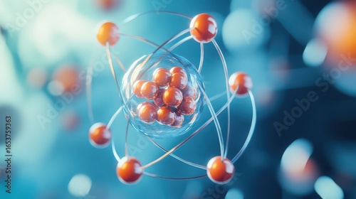 An atom model with orange spheres orbiting a central nucleus on a blurred blue background render