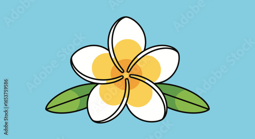 Elegant Frangipani Flower Illustration with Tropical Leaves on Light Blue Background, suitable for spa themes, wedding invitations, and summer designs.