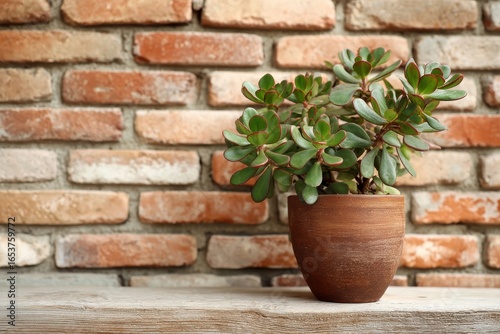 Large crassula succulent in brown planter near rustic brick wall for home decor ideas and gardening lovers