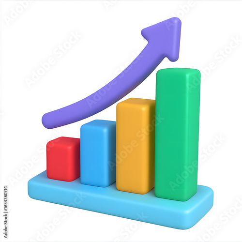 Bar Chart Showing a Positive Trend with Increasing Colorful Rectangular Bars and a Curved Purple Arrow Pointing Upwards, Symbolizing Growth and