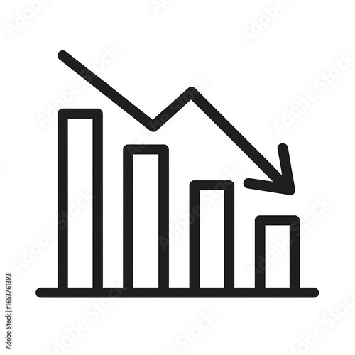 Chart Icon with Downward Arrow Showing Economic Decline, Black and White Bar Graph Symbol, Minimalist Flat Design for Analytics, Finance, and