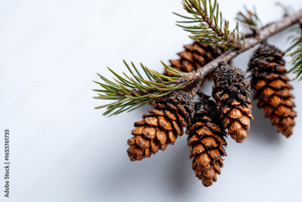 Obraz premium Branch and pine cones on white background