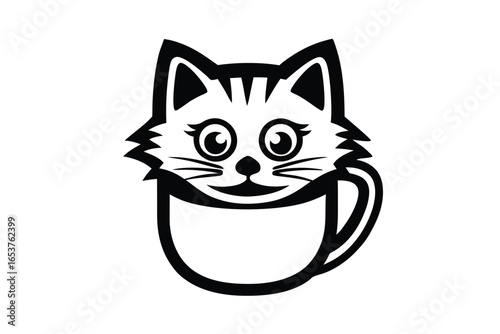 Cute Cat Silhouette in Coffee Cup Design with Stripes and White Background