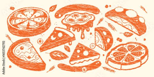 Pizza Doodle Set. Pizzeria. A hand drawn vector illustration collection of various pizza types, cheesy slices, and ingredients for a restaurant menu, food blog, or a packaging pattern.