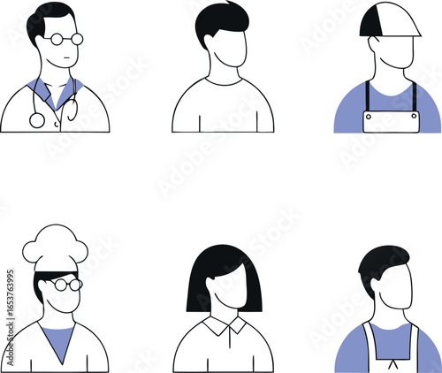 Set of six minimalist flat vector avatars for diverse representation