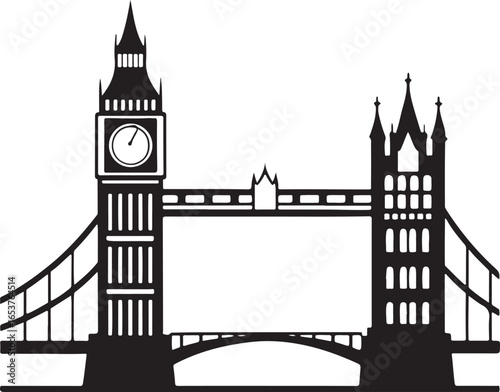 Iconic London landmark silhouette a stylized black and white representation of big ben and tower bridge