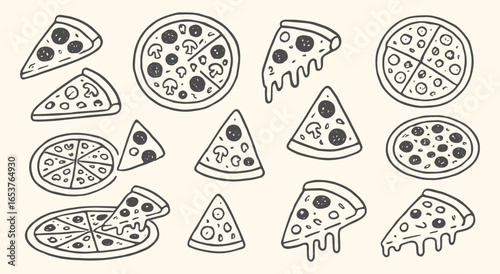 Set of hand drawn pizza illustrations vector. Black and white doodle style pizza slices and whole pies for restaurant menus, food delivery, and packaging.
