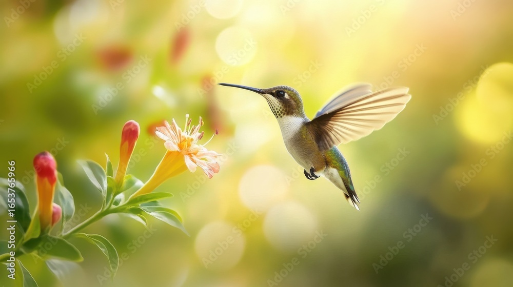 Fototapeta premium Hummingbird feeding on vibrant flower in sunny garden
