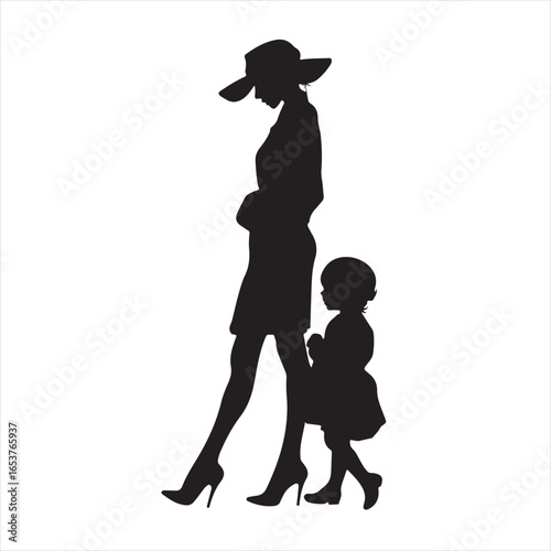 Black Silhouette of Mother and Daughter Walking in Stylish Outfits – Vector Illustration