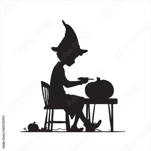 Silhouette of a Kid in a Witch Hat Sitting and Painting a Pumpkin for Halloween - Vector Illustration