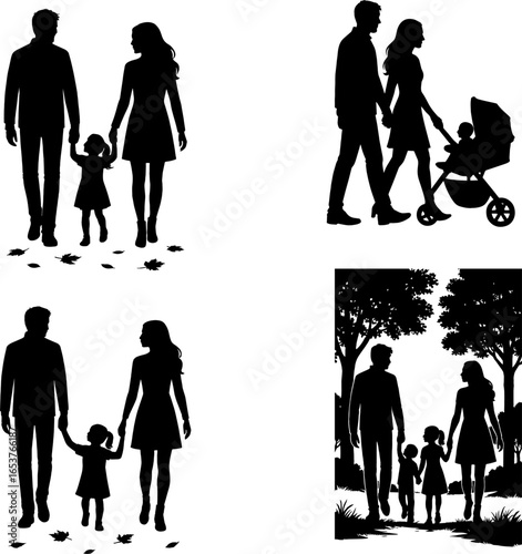 Silhouette of Parents with Daughter and Son Walking in Park with white background 