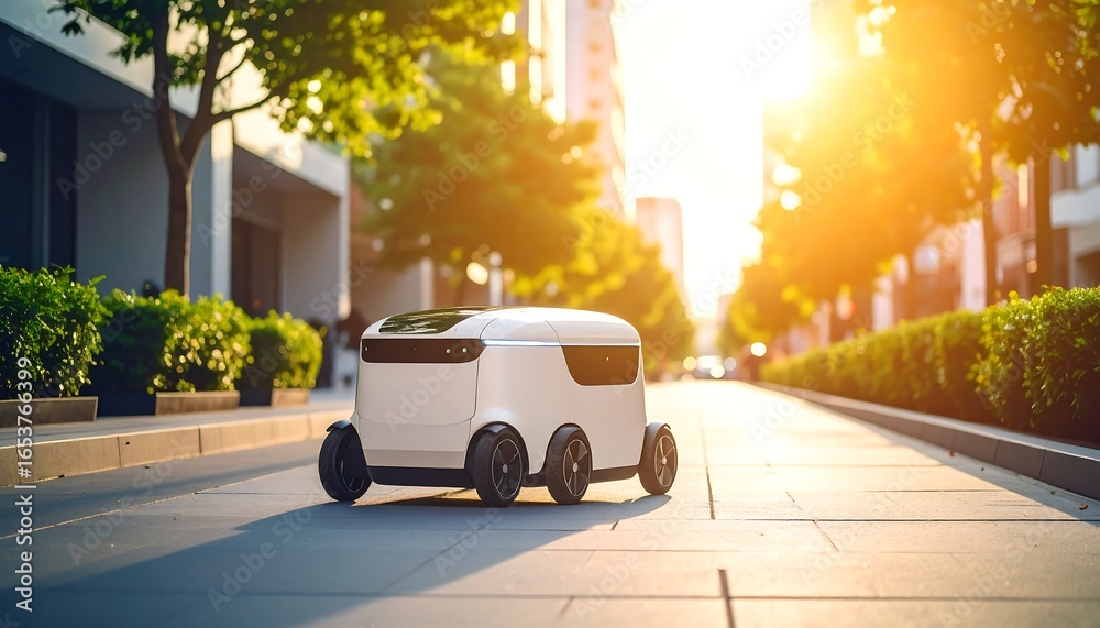 Obraz premium Autonomous delivery vehicle on city street at sunset