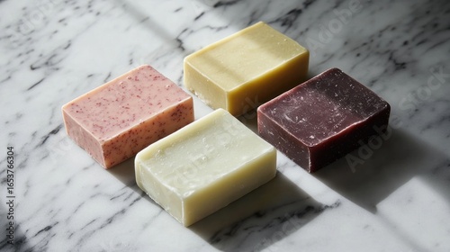 Four colorful handmade soaps on marble surface