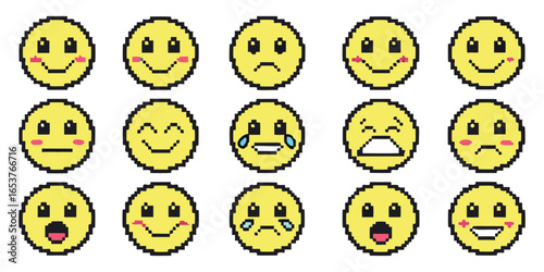 Large set of 8-bit pixel art emoji icons vector. Cute retro video game style smiley faces with various emotions for chat, stickers, and game UI assets.