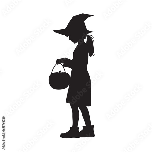 hild in Witch Outfit Holding a Candy Pail Silhouette for Halloween - Vector Illustration