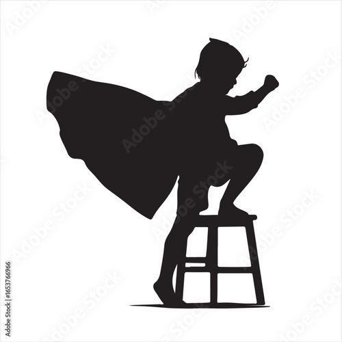 Little Hero Standing on Chair in Cape Silhouette Style – Vector Illustration