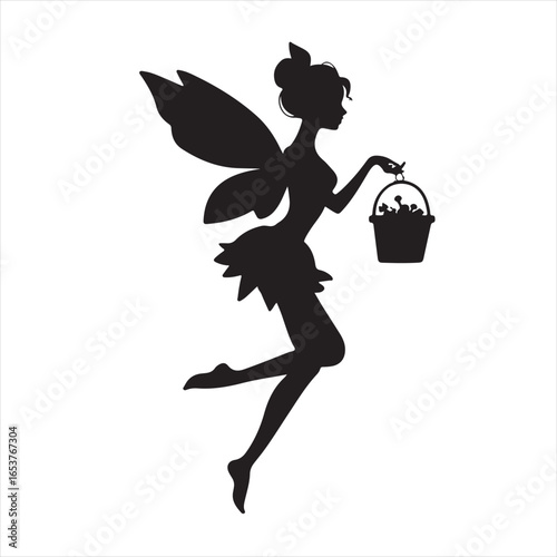 Flying Fairy Silhouette Holding a Halloween Bucket - Vector Illustration