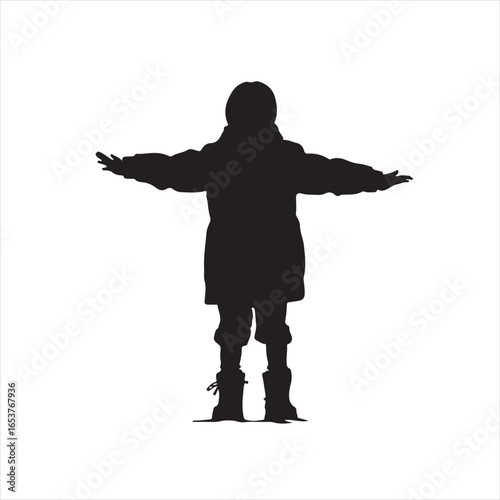 Black Silhouette of a Girl in a Puffer Jacket Standing with Arms Outstretched – Vector Illustration