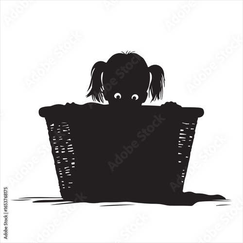 Silhouette of a Child Playing Hide and Seek Behind a Clothes Basket – Vector Illustration