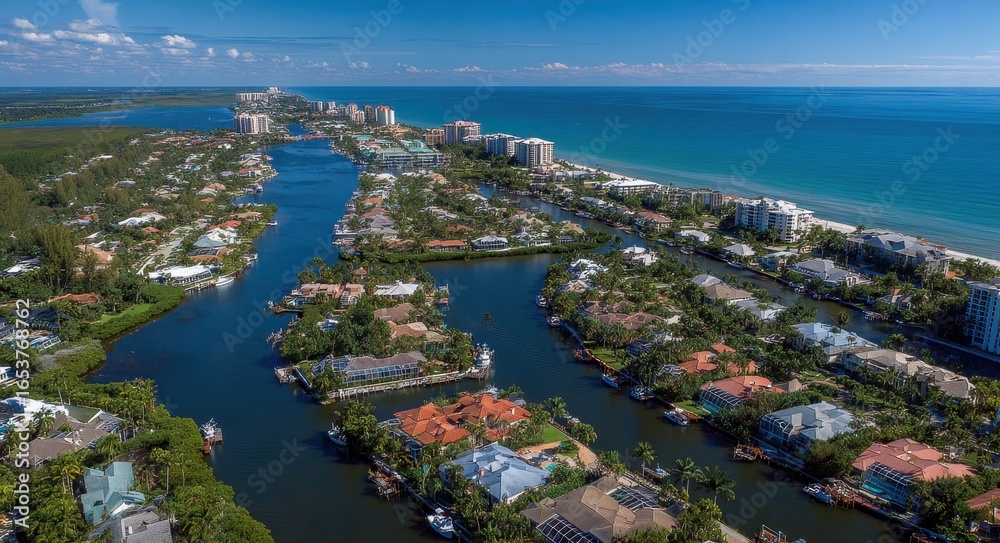 Naklejka premium Naples Florida Homes. Aerial View of City on the Gulf of Mexico with Real Estate Along Canals and Blue Water, Captured by Drone