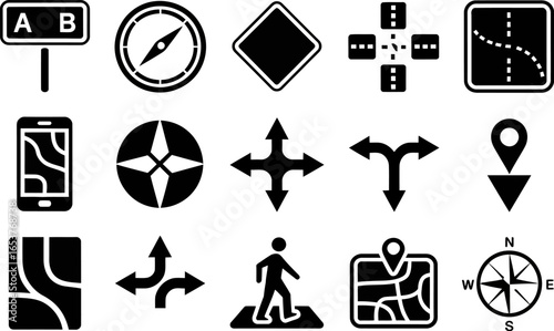 Collection of navigation and directional icons for maps and travel
