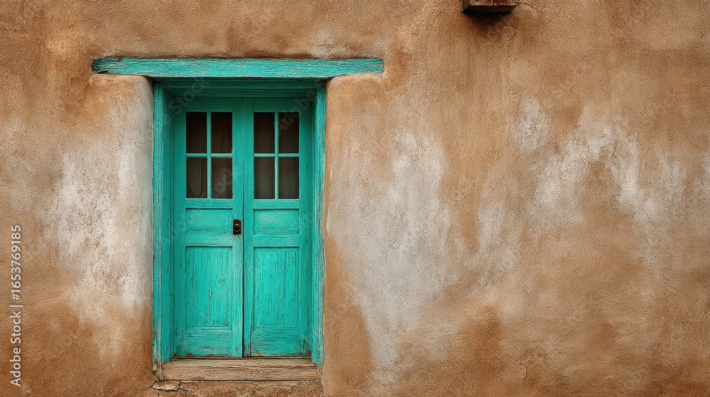 Obraz premium New Mexico Texture. Turquoise Santa Fe Style Window on Adobe Building Background