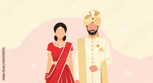 An illustration depicting an Indian bride and groom standing together in traditional wedding attire, celebrating their union.