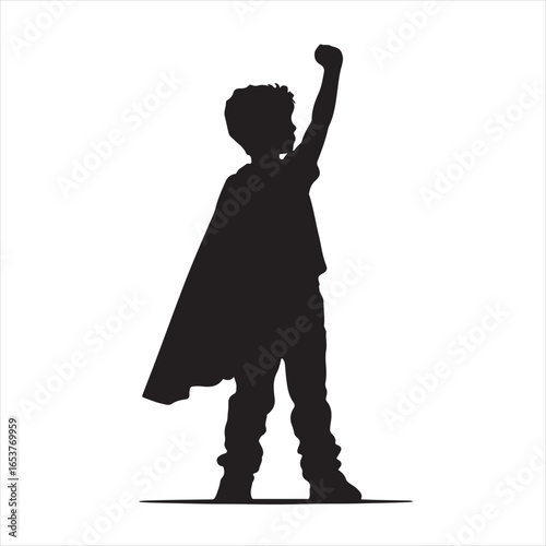 Black Silhouette of a Boy in Superhero Costume with Heroic Stance – vector illustration