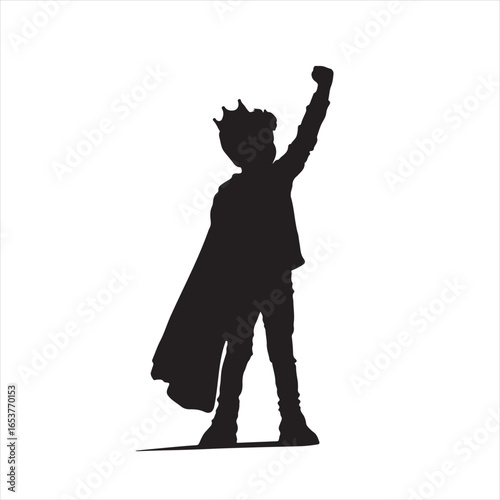 Superhero Cosplay Silhouette of a Boy Wearing a Crown in Power Pose – vector illustration