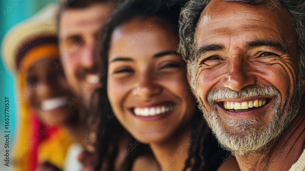 Fototapeta premium Diverse group of four people smiling outdoors during daytime