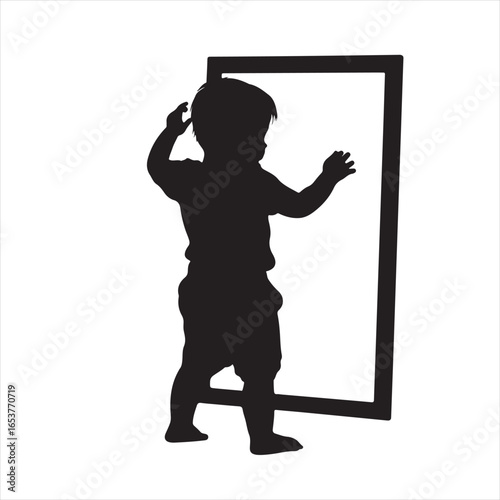 Silhouette of a Little Kid Striking a Pose Before a Big Mirror – Vector Illustration