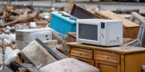 Close-up of worn-out items among a pile of trash: old appliances, damaged furniture, plastic 