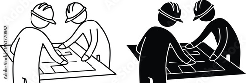 Construction workers review blueprint engineering plan design editable