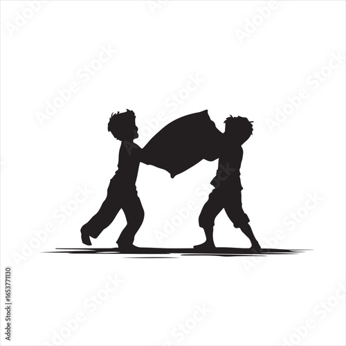 Silhouette Scene of Kids Pillow Fighting – Vector Illustration