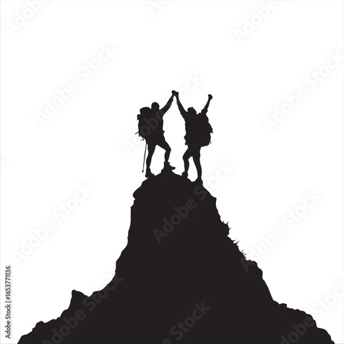 Victory Pose Silhouette of Two People on Mountain Summit – Vector Illustration