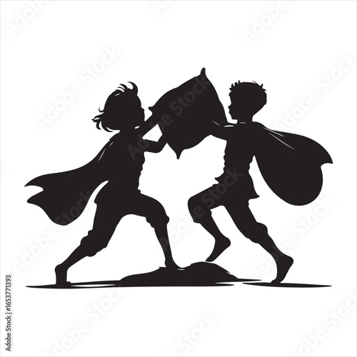 Black Silhouette of Kids Having a Pillow Fight in Superhero Costumes – Vector Illustration