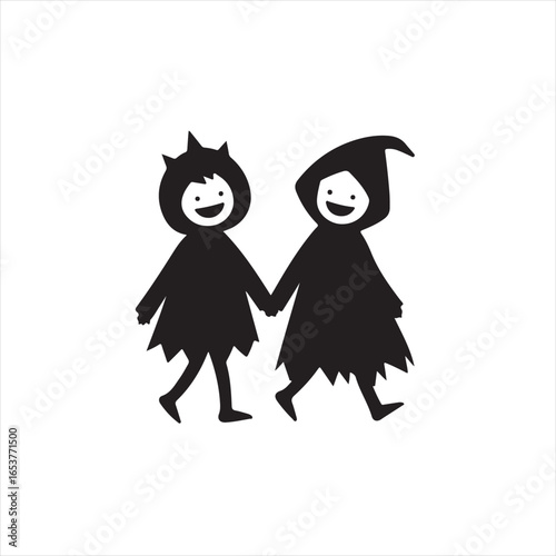 Silhouette of Two Kids in Halloween Costumes Holding Hands and Walking - Vector Illustration